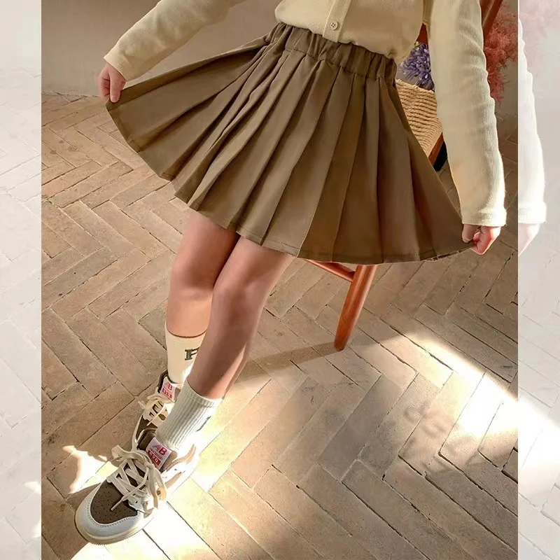 School Skirt for Girls Baby Preppy Style Half Pleated Skirt 2023 Spring New Children\'S Solid Color Pleated Short Skirt