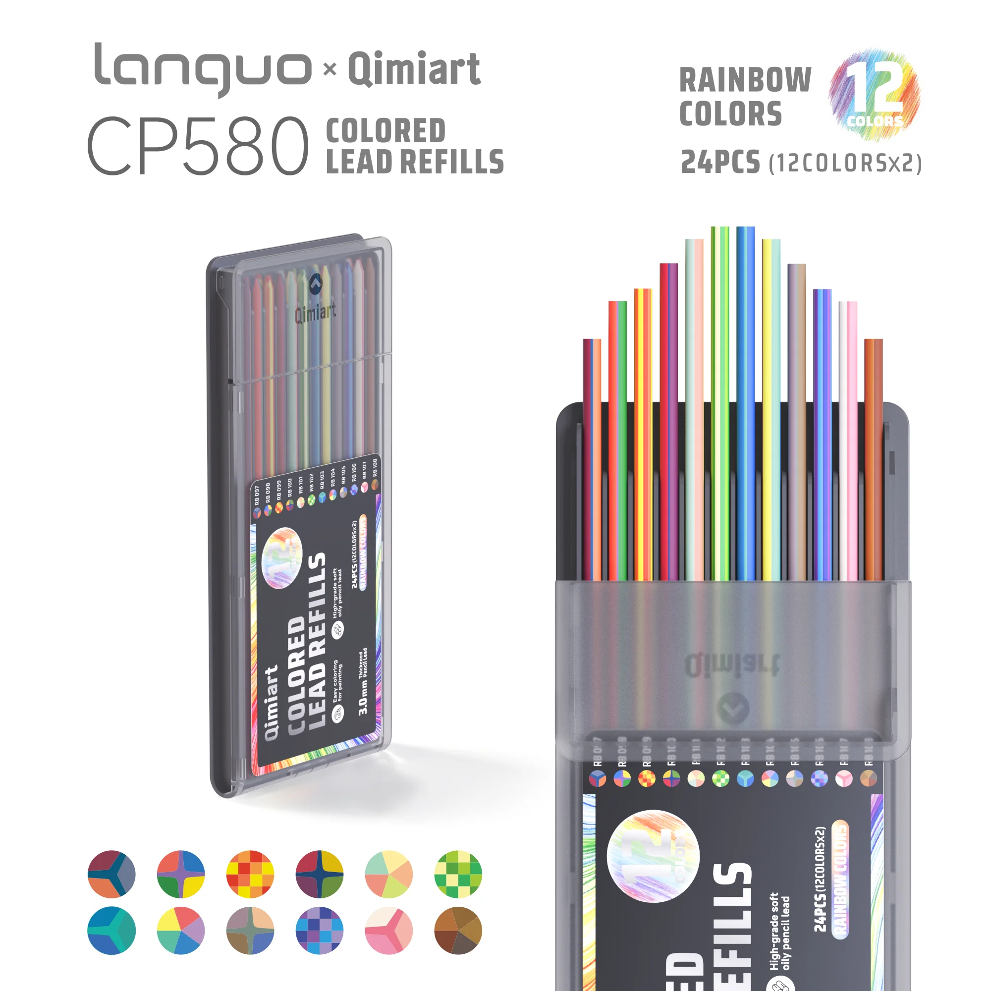 Languo 12 Kleuren Intrekbare Kleurpotloodset, 3,0 mm Dikke Oliebasis Potloodstift, voor Handtekenen, Doodling, Journaling
