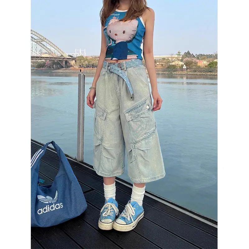 Deeptown Vintage Washed Women Cargo Jeans Pocket Wide Leg American Style Denim Pants Baggy High Waist Casual Streetwear Summer