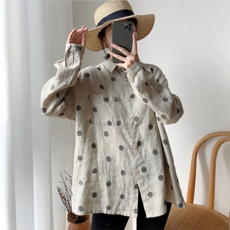 Johnature Summer New Vintage Linen Wave Point Women Tops Shirts 2024 Casual All Match Turn-down Collar Sun Protection Blouses