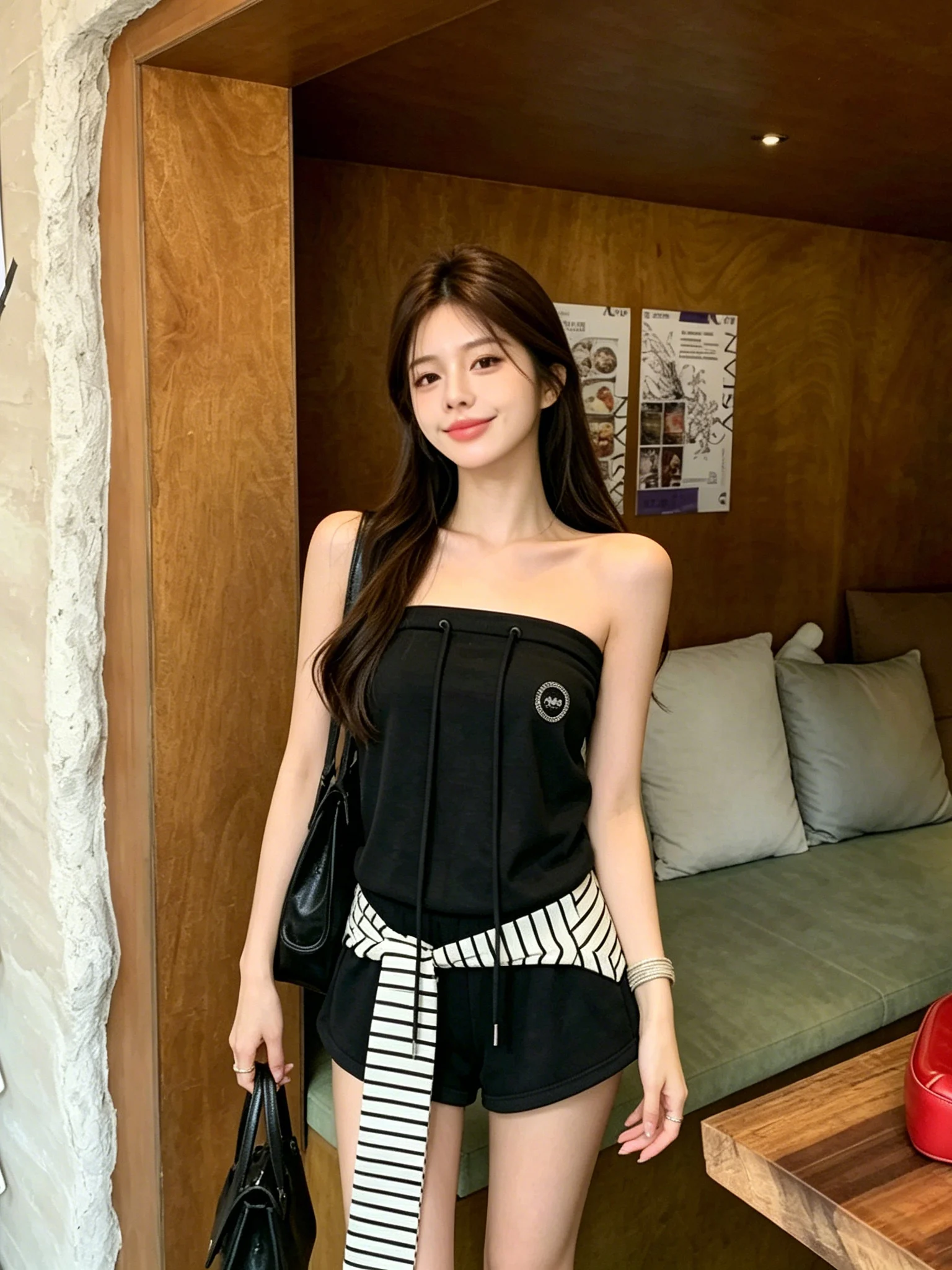 

Low-Waist Drawstring Black Striped Romper Shorts Women's Summer Fashion Slim Fit Casual Pants with Curtain Design