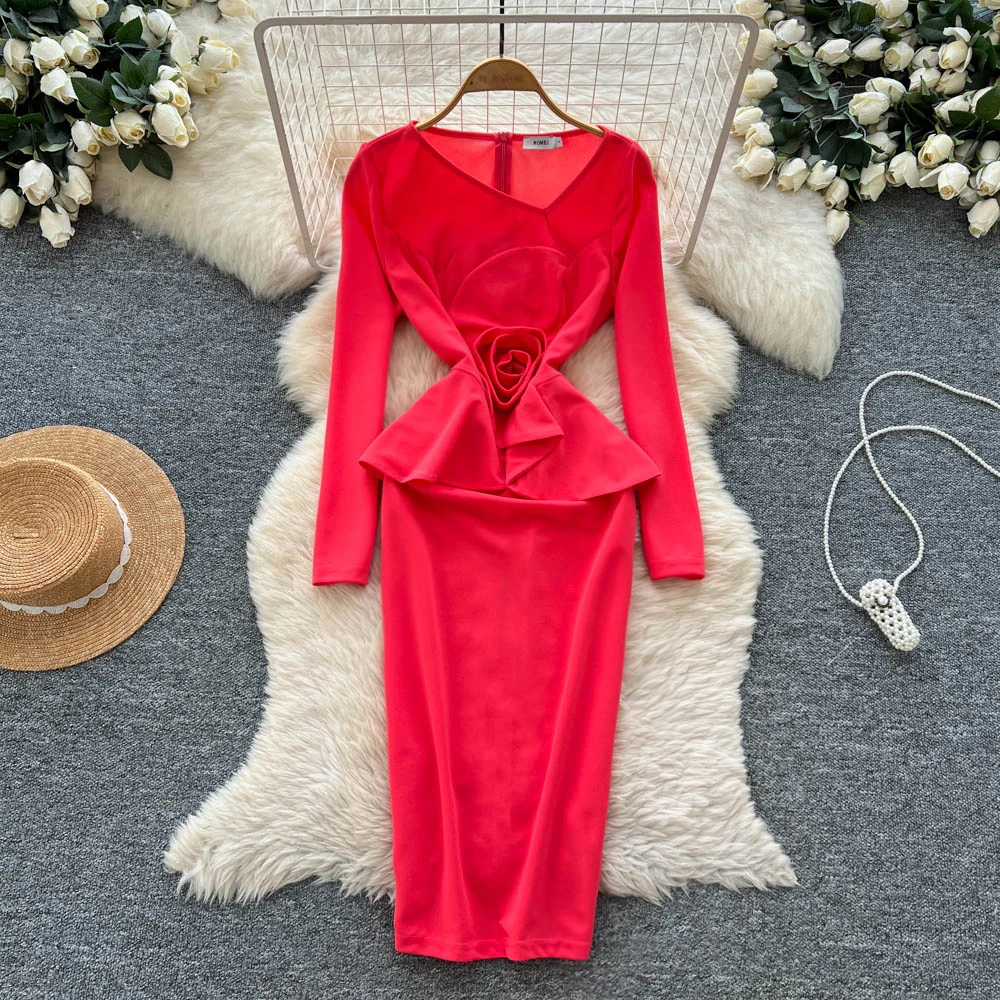 Sexy elegantes, langärmliges, gespleißtes Party-Bleistiftkleid für Damen, koreanische Abendkleider für Modezeremonie