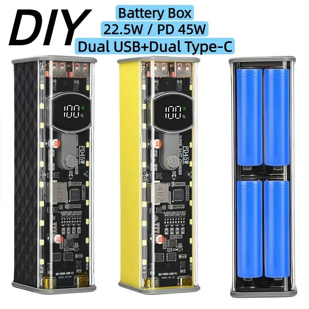 PD 22.5W 45w 8x18650 Power Bank Case Fast Charging USB+Type-C Port Battery Storage Box LED Screen Transparent DIY Battery Box