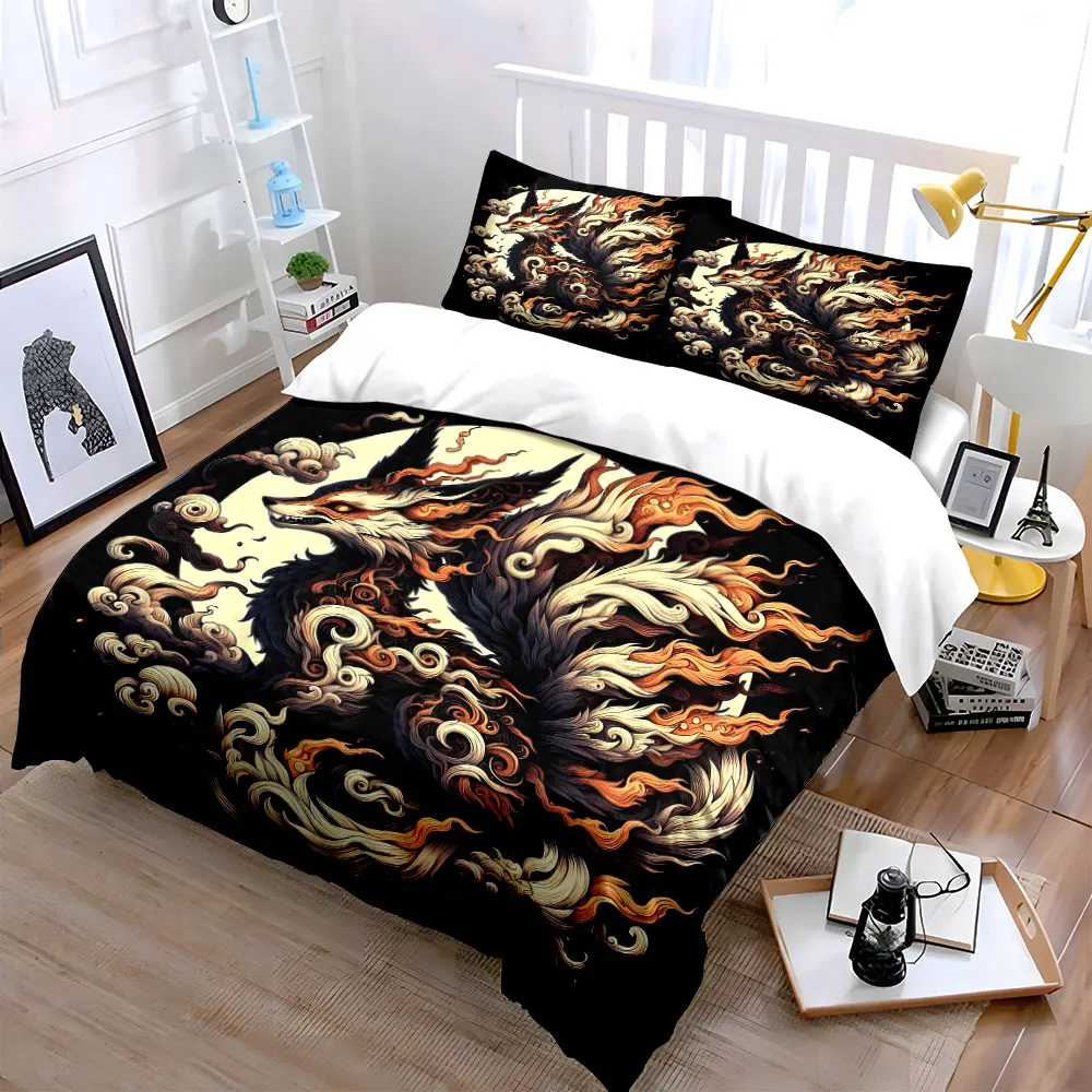 Fiery textured mystical fox pattern Duvet Cover Set with 3D Printing Design Soft Polyester Bedding Set All-Season Comfort