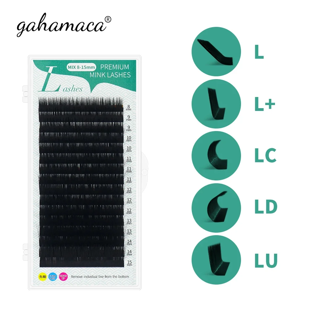 GAHAMACA L/L+/LC/LD/LU(M) curl False Eyelash Extensions 8-15mm Mixed PBT Mink Eyelashes for Grafting L Shaped Makeup Lashes