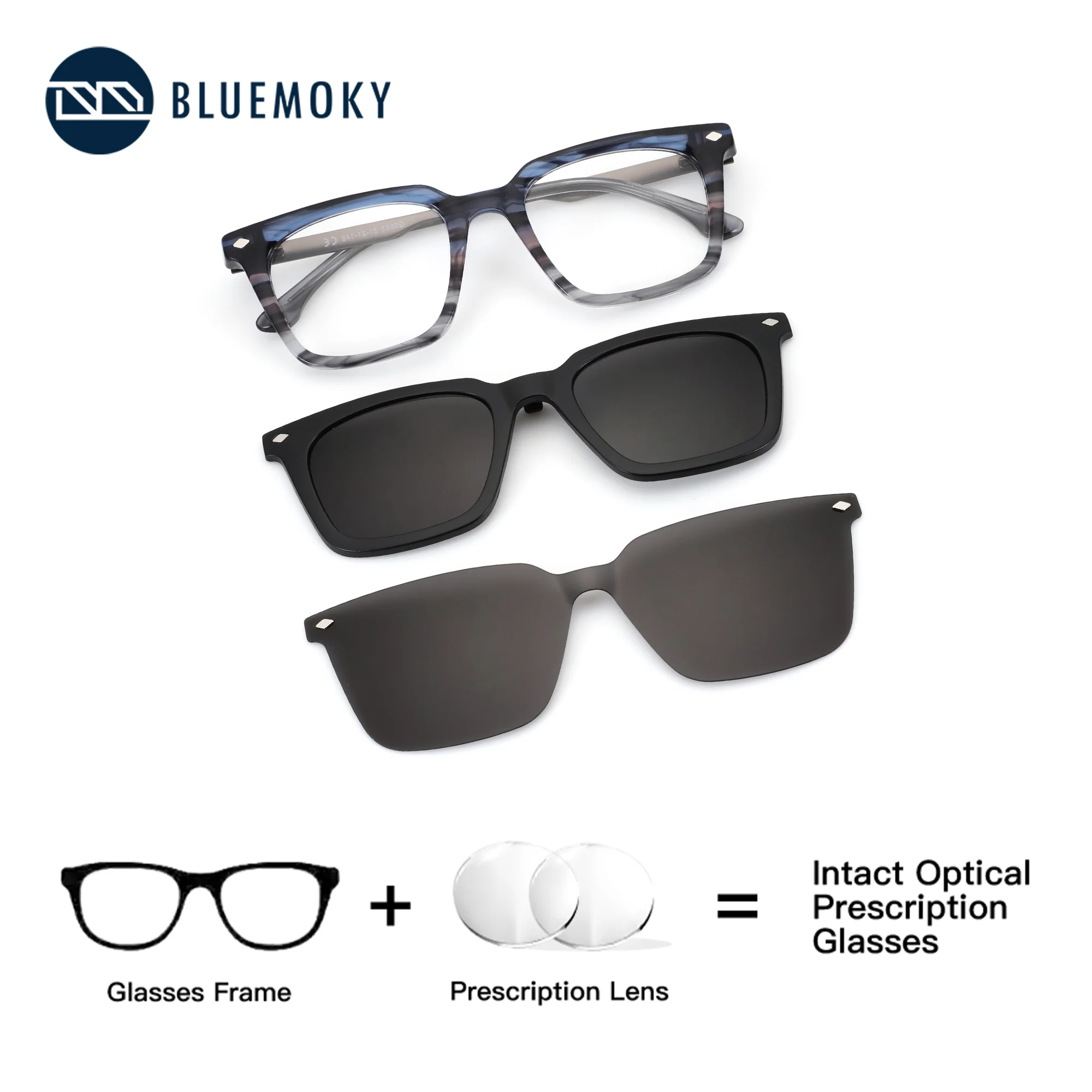 

BLUEMOKY Acetate Prescription Glasses, Men's Square Sunglasses Clip Progressive Myopia, Vision Correction Optical Lenses