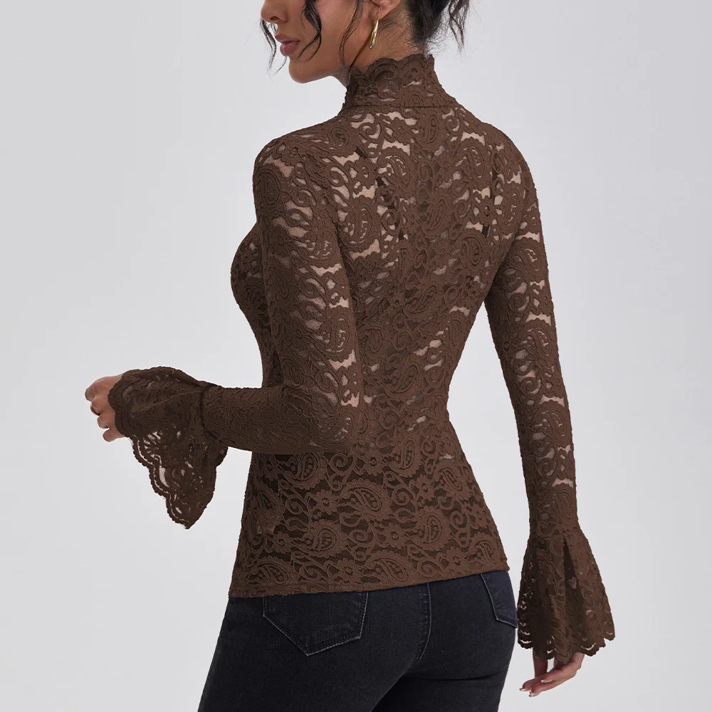 Anfilia النساء الدانتيل قمصان سلحفاة الرقبة أنيقة مضيئة طويلة الأكمام الجوف خارج سليم صالح الكروشيه مثير بلوزة
