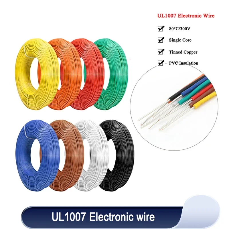 

5/10/20m UL1007 Wire Tinned Copper Single Core PVC Insulation 14/16/18/20/22/24/26 AWG Cable Line DIY PCB Electron wires