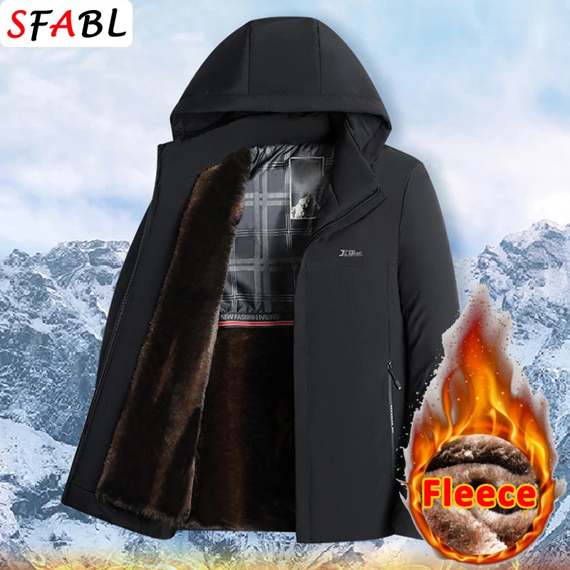 New Winter Fleece Lined Men\'s Winter Jacket Hooded Padded Winter Jackets for Men Windbreak Thick Warm Parka Business Coat Black