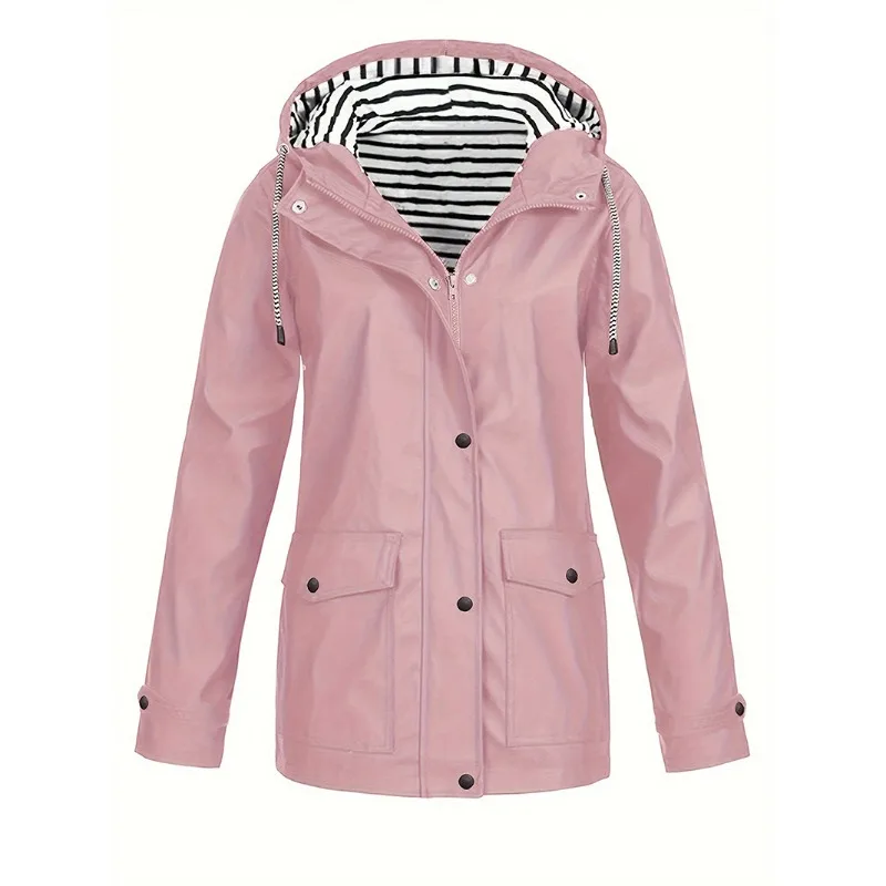 Women Jacket Solid Color Long Sleeves Zip Drawstring Design Tops Outdoor Waterproof Windproof Hooded Hiking Climb Mountains Coat