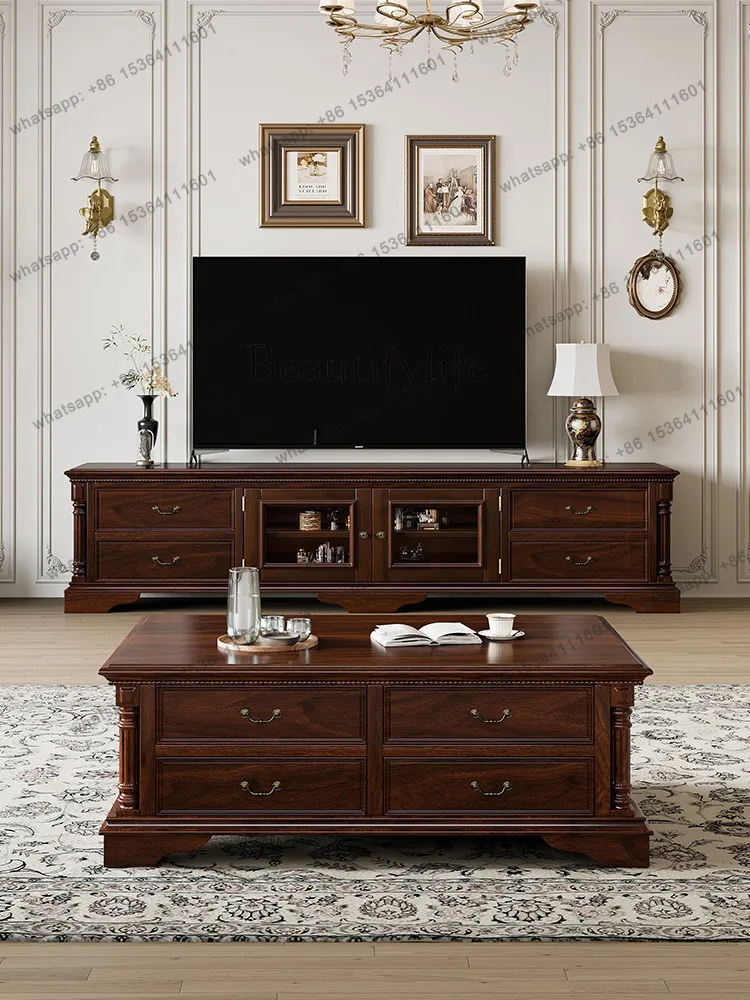 American all-solid wood coffee table TV cabinet retro rural storage storage floor cabinet
