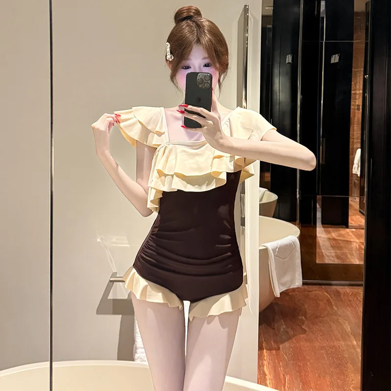 sexy Korean fashion coffee patchwork ruffles swimsuits two pieces bodysuits with mini skirt bikinis cute beach outfits swimwear