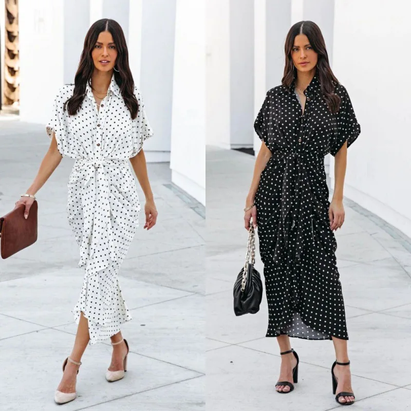 Dress Women Summer 2022 New Wave Point Print turn-down-collar Button Waist Belt Dresses Casual Vestidos Dropshipping JQMY2085