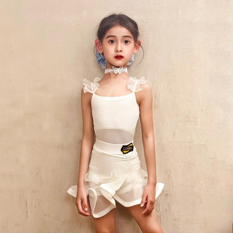 

2025 Latin Dance Dress Kids Practice Clothes Girls Training Clothing Waltz Standard Competition Costume White 2 PCS Set