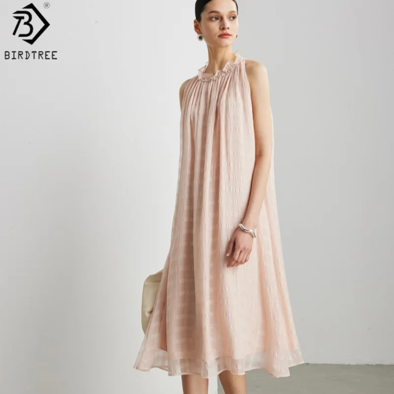 Birdtree,100%  Silk Solid Dress,Double Layer,Women's Loose Elegant Sleeveless Pleated Dress,2025 Summer New D5D018JF