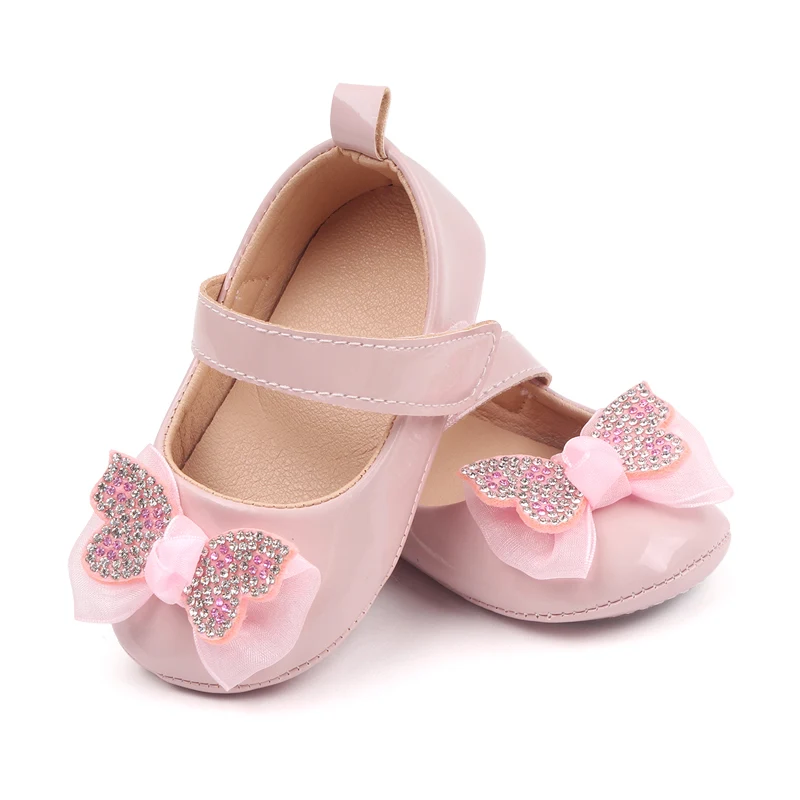 Baby Girl Shiny Bowknot Walking Shoes Rubber Sole Non-Slip Toddler Velcro Mary Jane Shoes