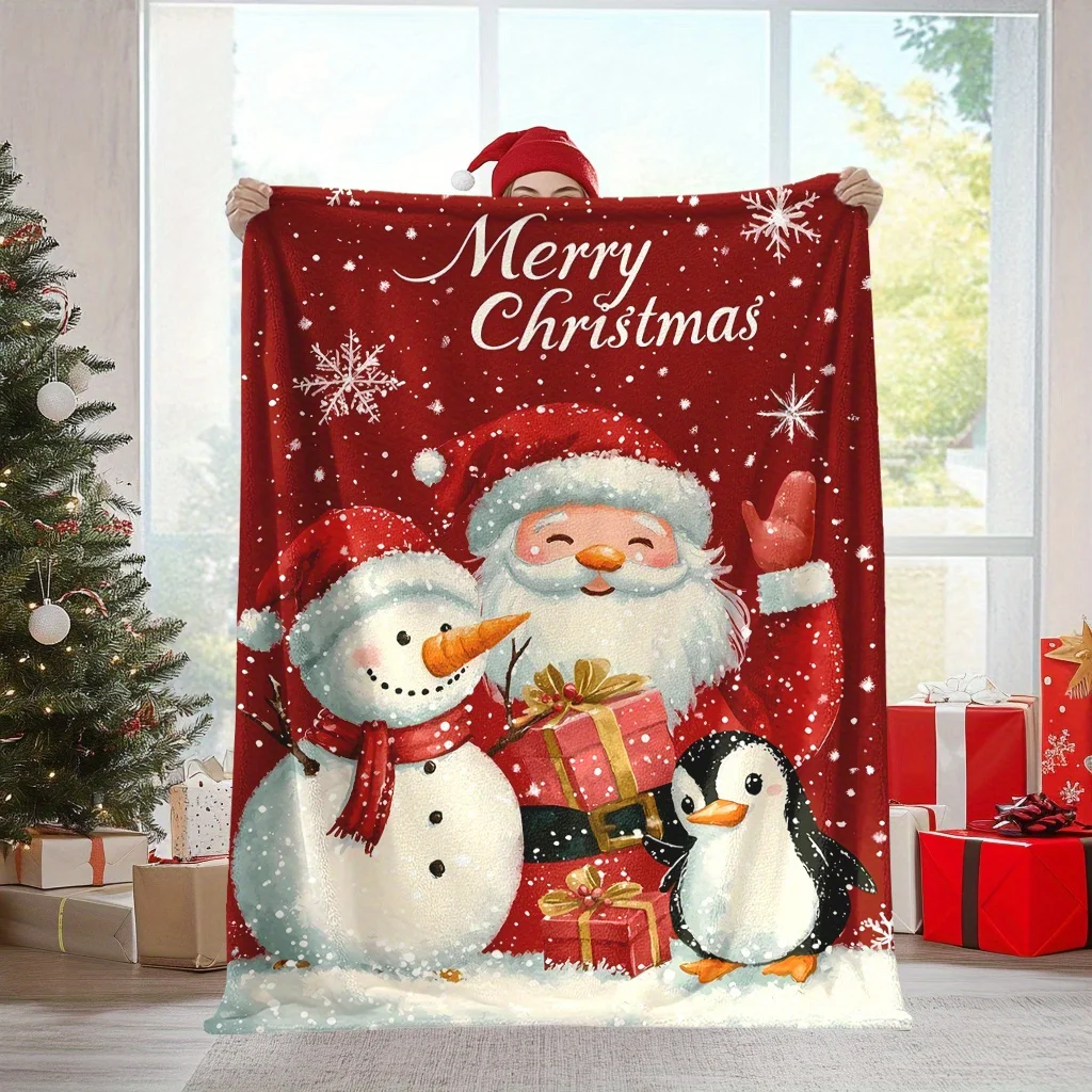 Merry Christmas Text Santa Snowman Penguin Throw Blanket Soft Warm Cozy Blankets For Sofa Couch Bed