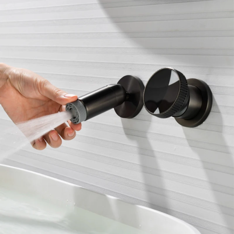 Double Hole Bathroom Sink Faucets Wall Mount Two Modes Rotatable Vanity Sink Faucet One Handle Hot and Cold Mixer Taps Gray