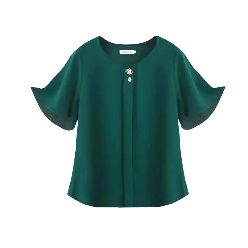 

plus Size Loose Fit ort Sve Women's T-irt Summer New Sle Cover up Meat Slimming Mom Top Polyester Fiber round Ne