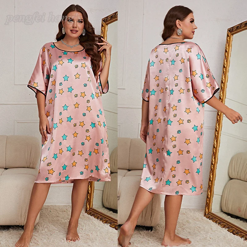 Eis Seide lose Nachthemd übergroße Nachtwäsche Frauen \\\'s sexy Print Homewear neue Lounge wear Nachthemd plus Größe 3xl 4xl 5xl