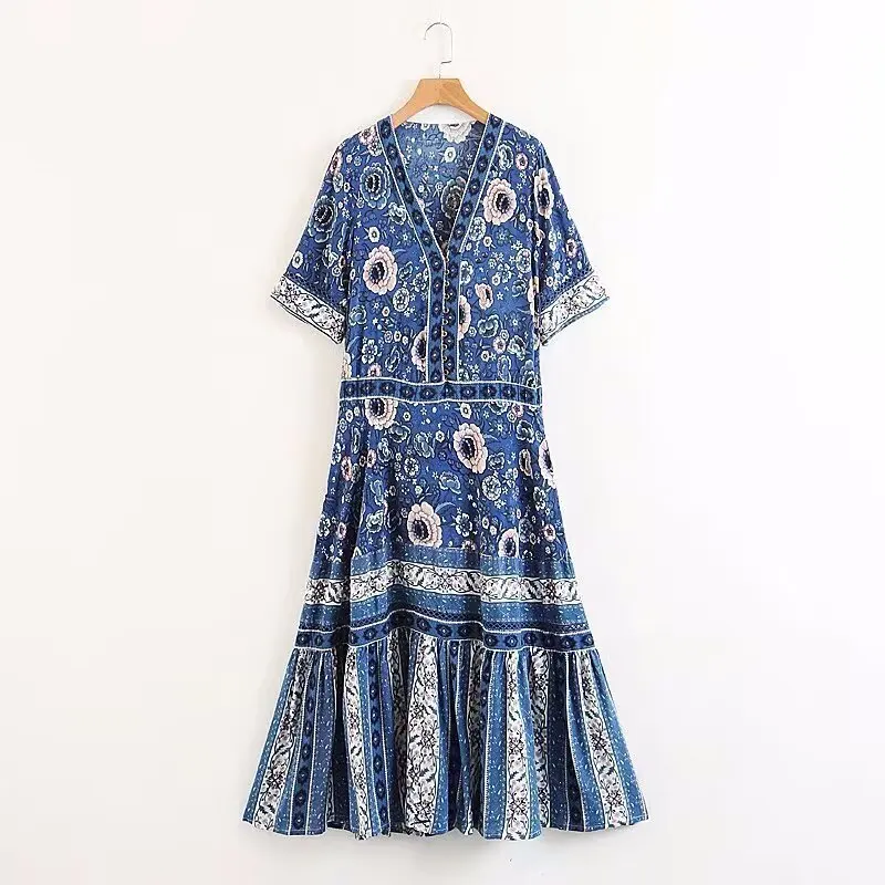 فستان نسائي صيفي قصير الأكمام للعطلات فستان كاجوال لقضاء عطلة الشاطئ فستان نسائي فضفاض مناسب بطبعة زهور فستان بوهو ميدي #1