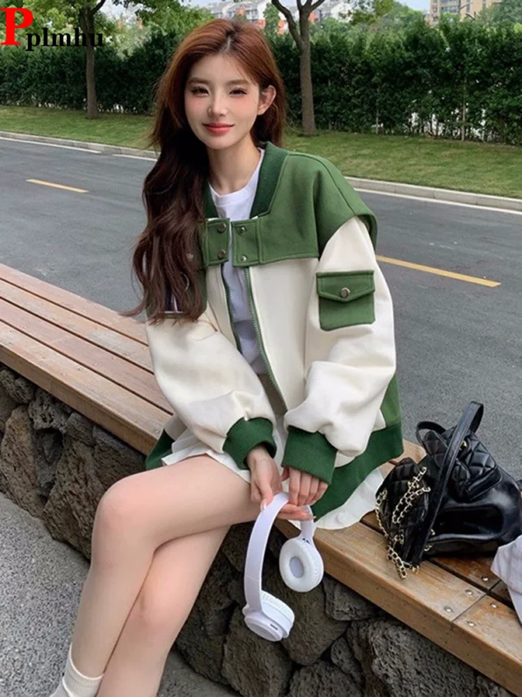 

Куртки в стиле пэчворк контрастного цвета, модные мешковатые куртки Chaquetas, пальто на молнии, женская повседневная свободная уличная одежда Jaquetas Top