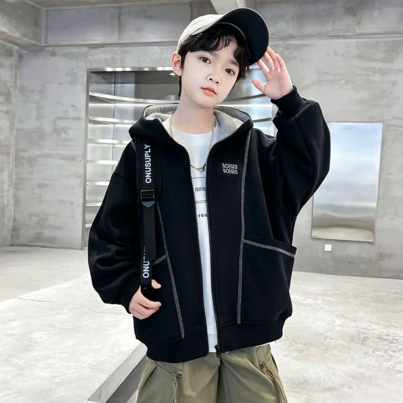 Boys Casual Hooded Jacket Spring Autumn Loose Fit Zip Up Baseball Coat Teen Kids Outerwear