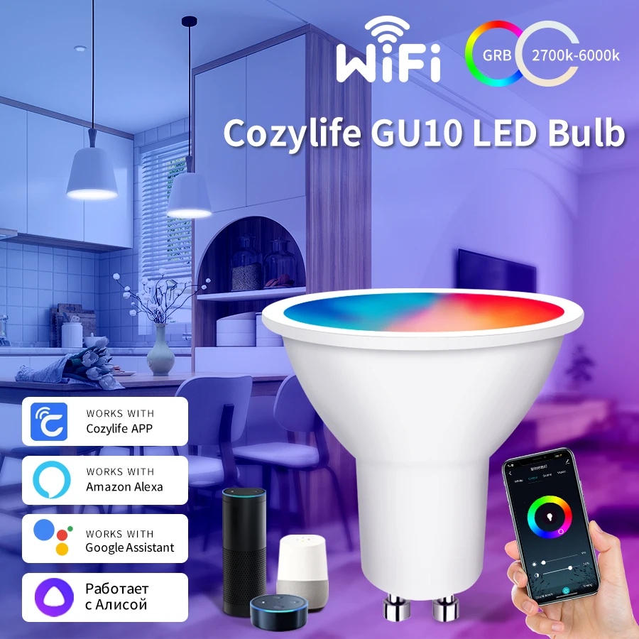 5/7/9W GU10 WiFi Smart Bulb RGB Color Dimming 2700-6500K Eye Protection Cozylife APP Control Indoor Lighting DIY LED Bulb