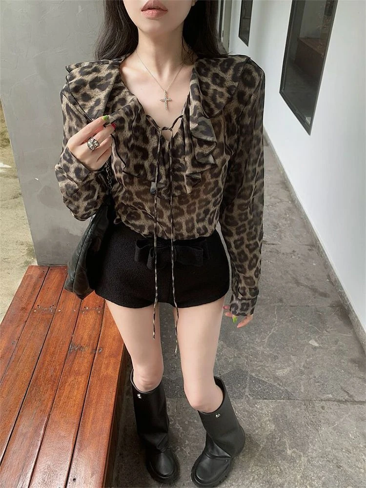 Ruffles V Neck Lace Up Leopard Shirts Print Long Sleeve New Thin All-match Blouses Slim French Style Chiffon Moda Blusas