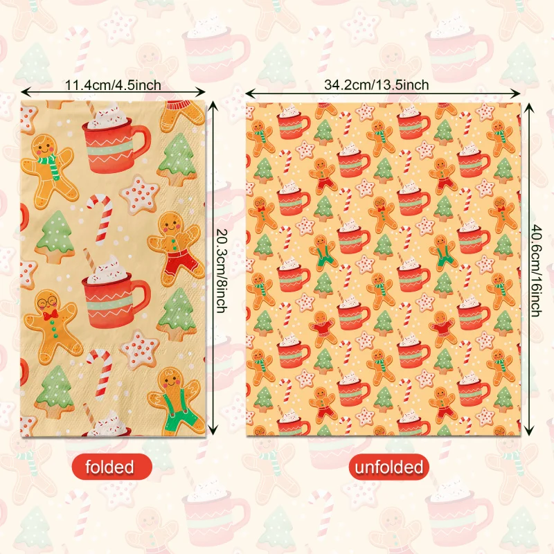 20pcs Christmas Guest Napkins Gingerbread Man Tree Disposable Paper Dinner Stars Napkin Bathroom Hand Towels Xmas Party Supplies