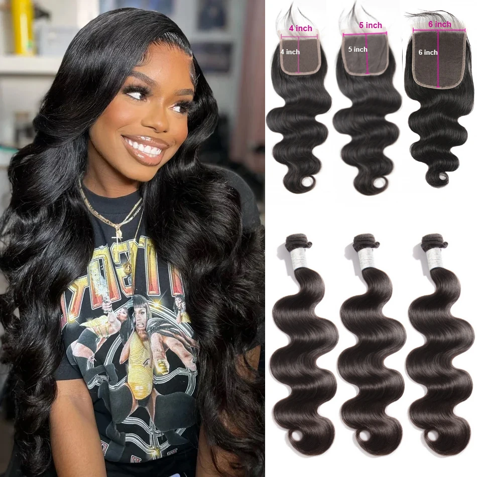 

Bwogre Human Hair Bundles With Closure Brazilian Body Wave Bundles With 4x4 5x5 Lace Remy Human Hair Weave Extension 6x6 Closure