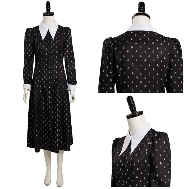 Film Wednesday Addams Jurken Cosplay Kostuums Vrouwen Meisje Weddenday Addams Cosplay Jurk Outfits Zwart Gothic Print Kostuum