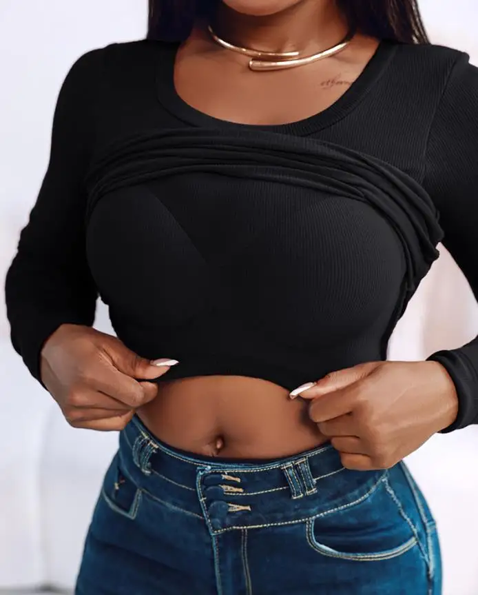 2025 가을 겨울 신상 U넥 긴팔 브라탑 셔츠 캐주얼 심리스 슬림핏 탑 티셔츠 풀오버