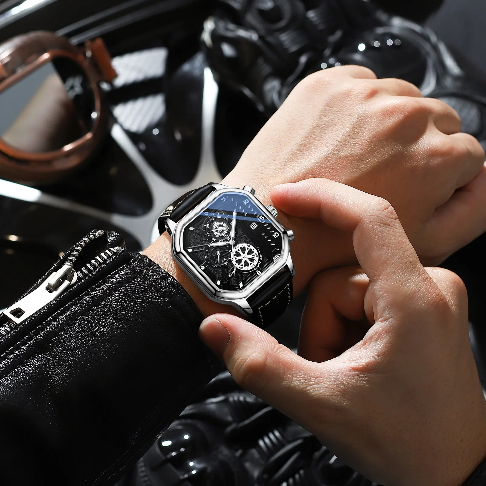 合金ストラップ付きメンズクォーツ腕時計、防水スポーツウォッチ、高級メンズウォッチ、自動時計、レザー