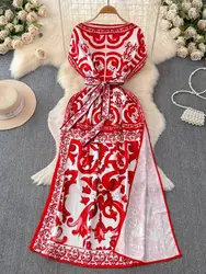 Summer Holiday Sundress Floral Maxi Dress Women Bohemian Red Yellow Blue White Porcelain Short Batwing Sleeve Laces Vestidos