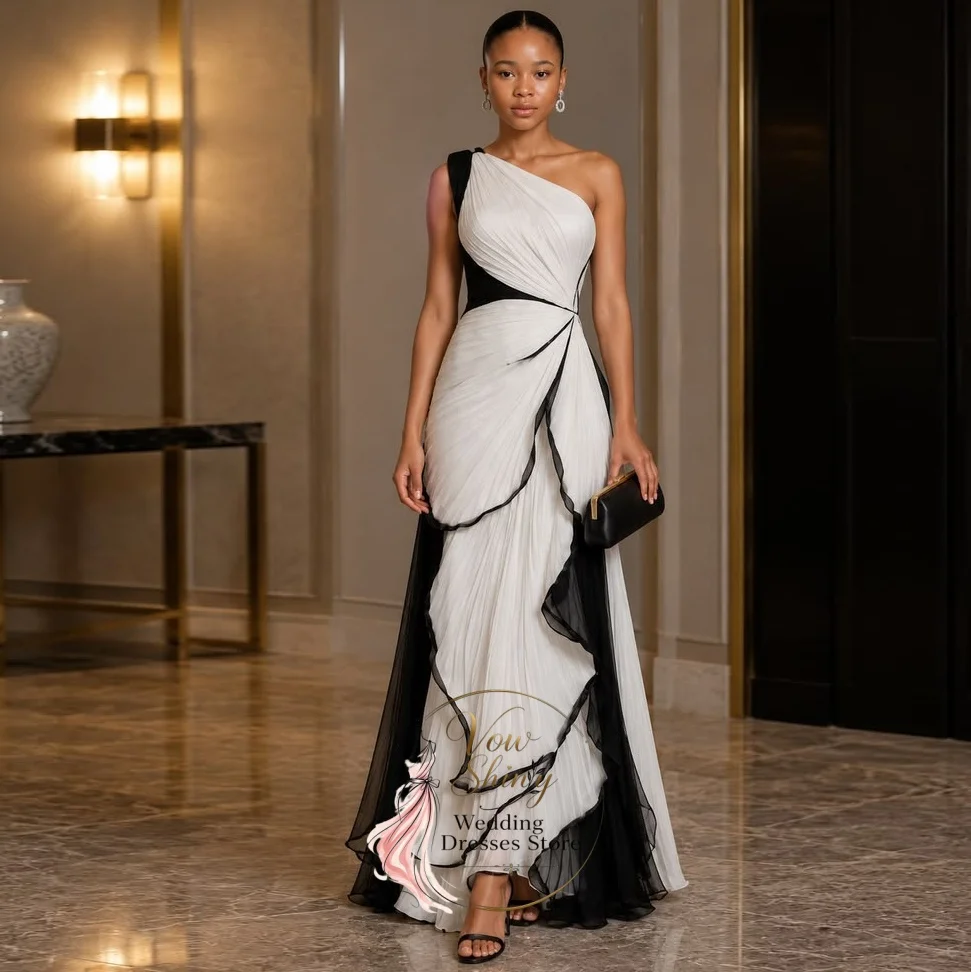 Vow Shiny Elegant Ivory Chiffon Evening Dress One Shoulder Pleated Ruffles Floor Length Mermaid Formal Gown Prom Party Dresses