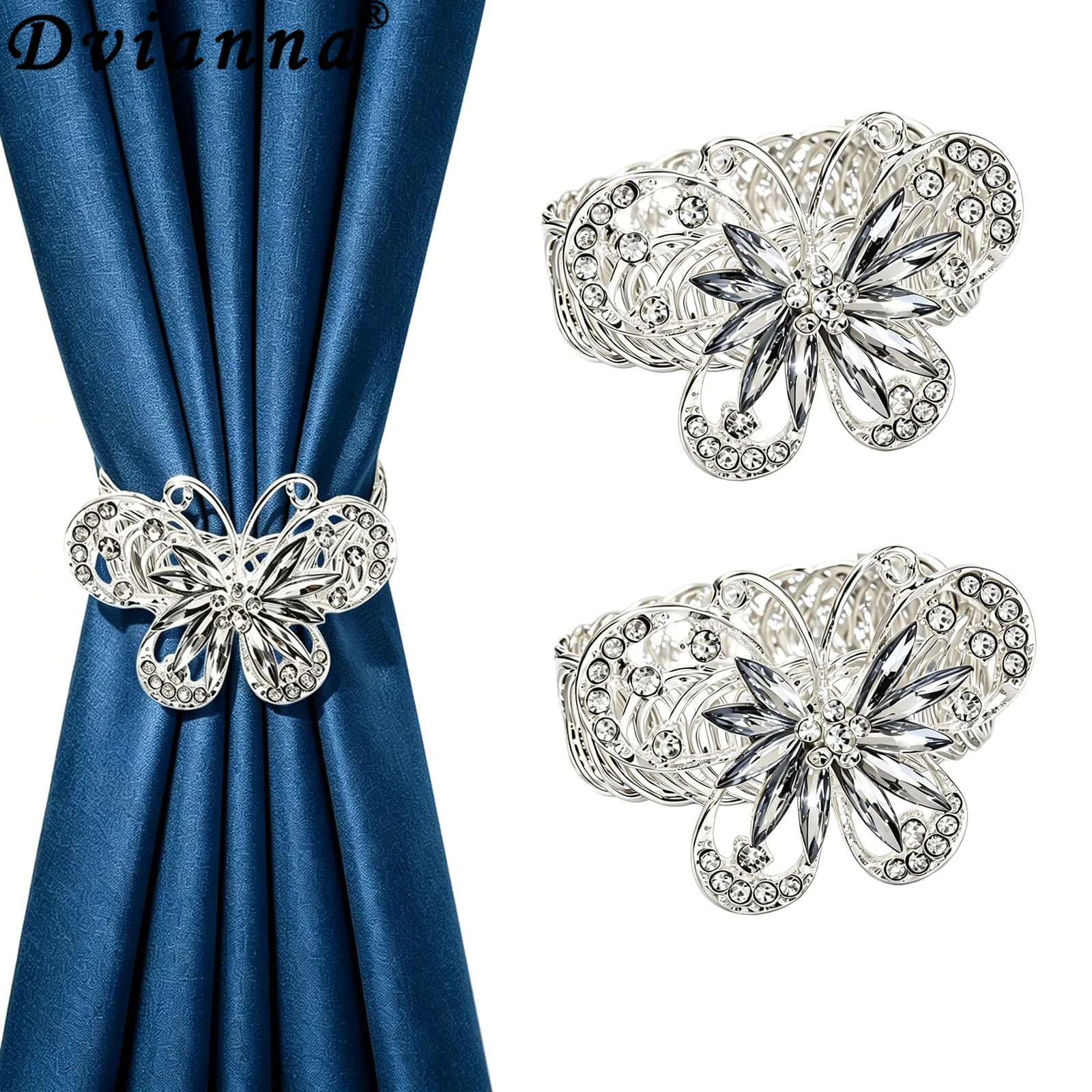 2Pcs Butterfly Curtain Tiebacks, Silver Metal Curtain Holdbacks, Rhinestone Crystal Decorative Curtain Clips for Home