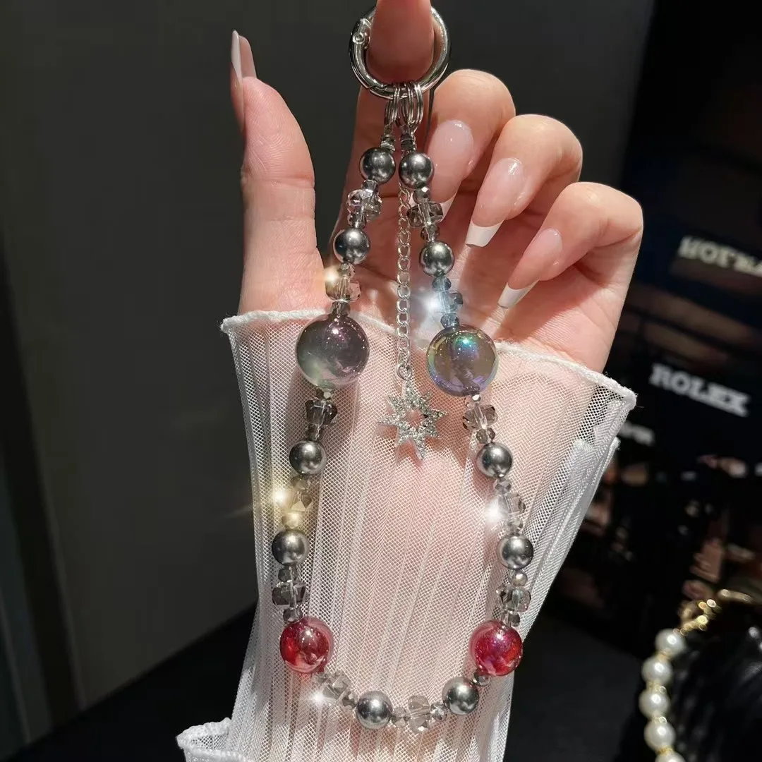High-end Pearl Mobile Phone Pendant Chain Glitter Round Beads Hand-strung Beads Crystal Star Car Keychain Pendant Bracelet