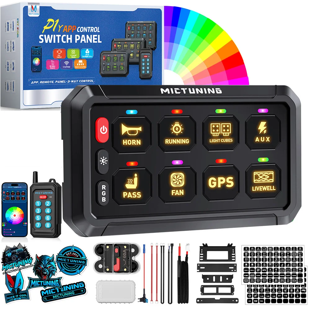 

MICTUNING P1Y 8 Gang Switch Panel / Wireless Remote / App Control, RGB Colors Toggle Switch Momentary 230FT Control Relay System