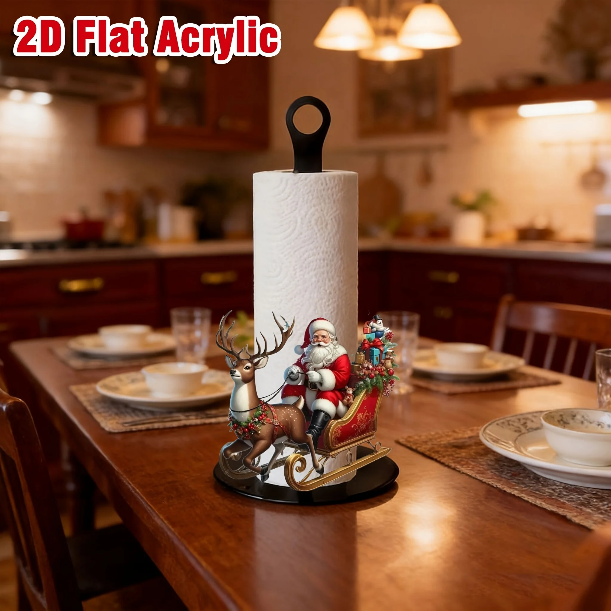 2/1 Piece Acrylic Countertop Standing Paper Towel Holder Decorated with Reindeer, Sleigh, and Santa Claus Motifs (2D Flat Design), 2D Printed Pattern, Kitchen Paper Towel Holder, Home Party Decoration and Storage Paper