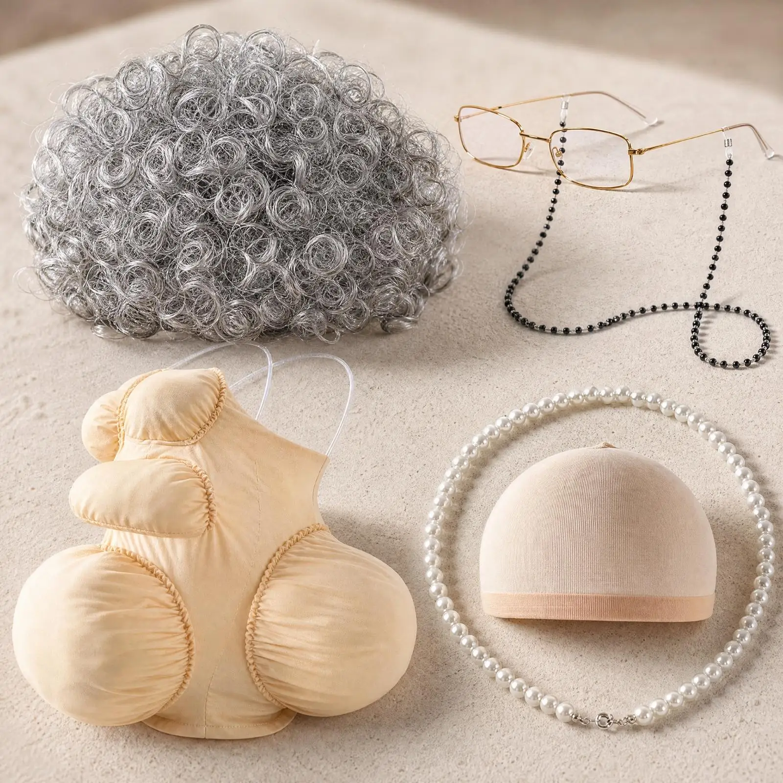 Elderly Character Costume with Padded Garment Synthetic Hair Cosplay Costume with Hairpiece and Necklace Short for Cosplayers,