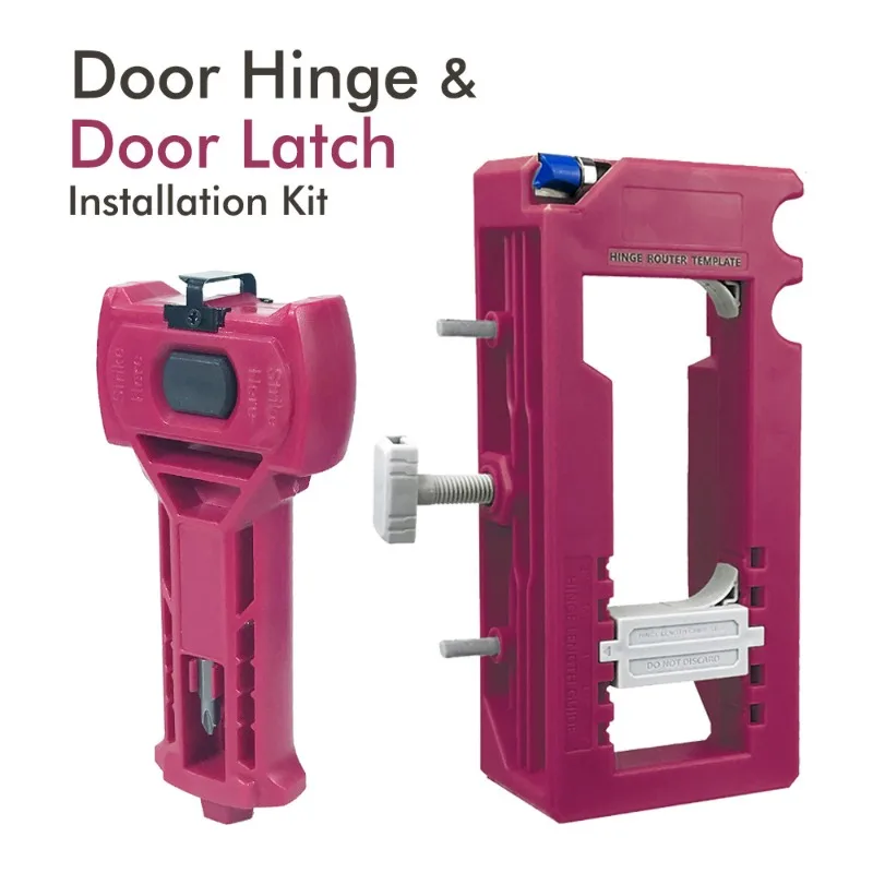 

Door hinge and latch mounting kits, door hinge mortise formwork, door latches for precision cutting and scoring,