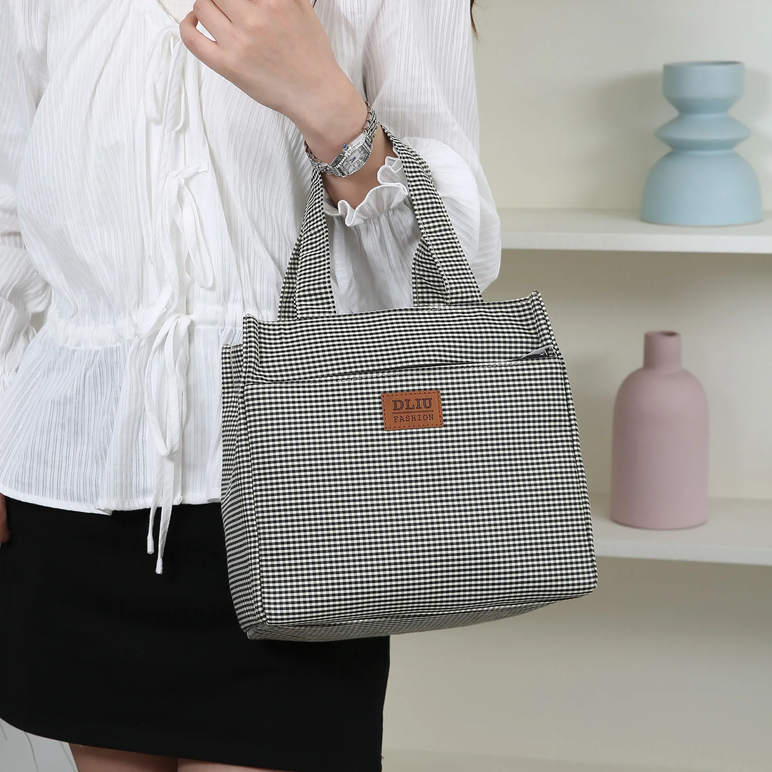 DLIU, Neuer Stil, Verdickter Stoff, Karomuster, Pendler-Tragetasche, Lunchbox-Aufbewahrungstasche, Lunch-Tasche, Mehrzwecktasche – Detail 13