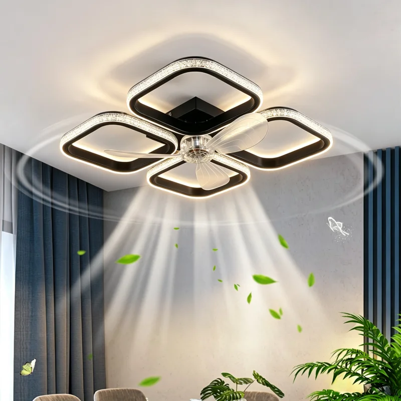 LED Ceiling Fan Light, Crystal Ceiling Fans With Lights For Bedroom Dining Room Kitchen Silent Ventilator Lamp Home Fan Lighting