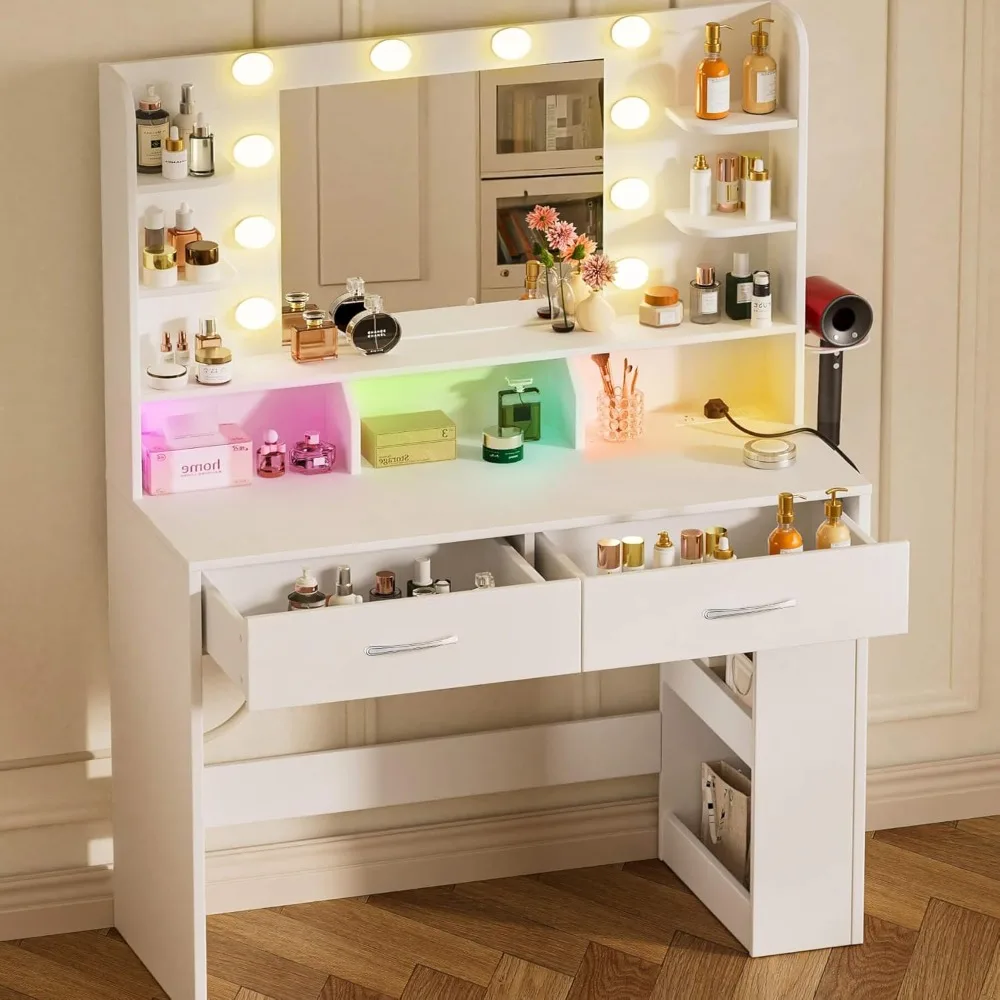 Vanity Desk con specchio illuminato, toletta di grande capacità di archiviazione per camera da letto
