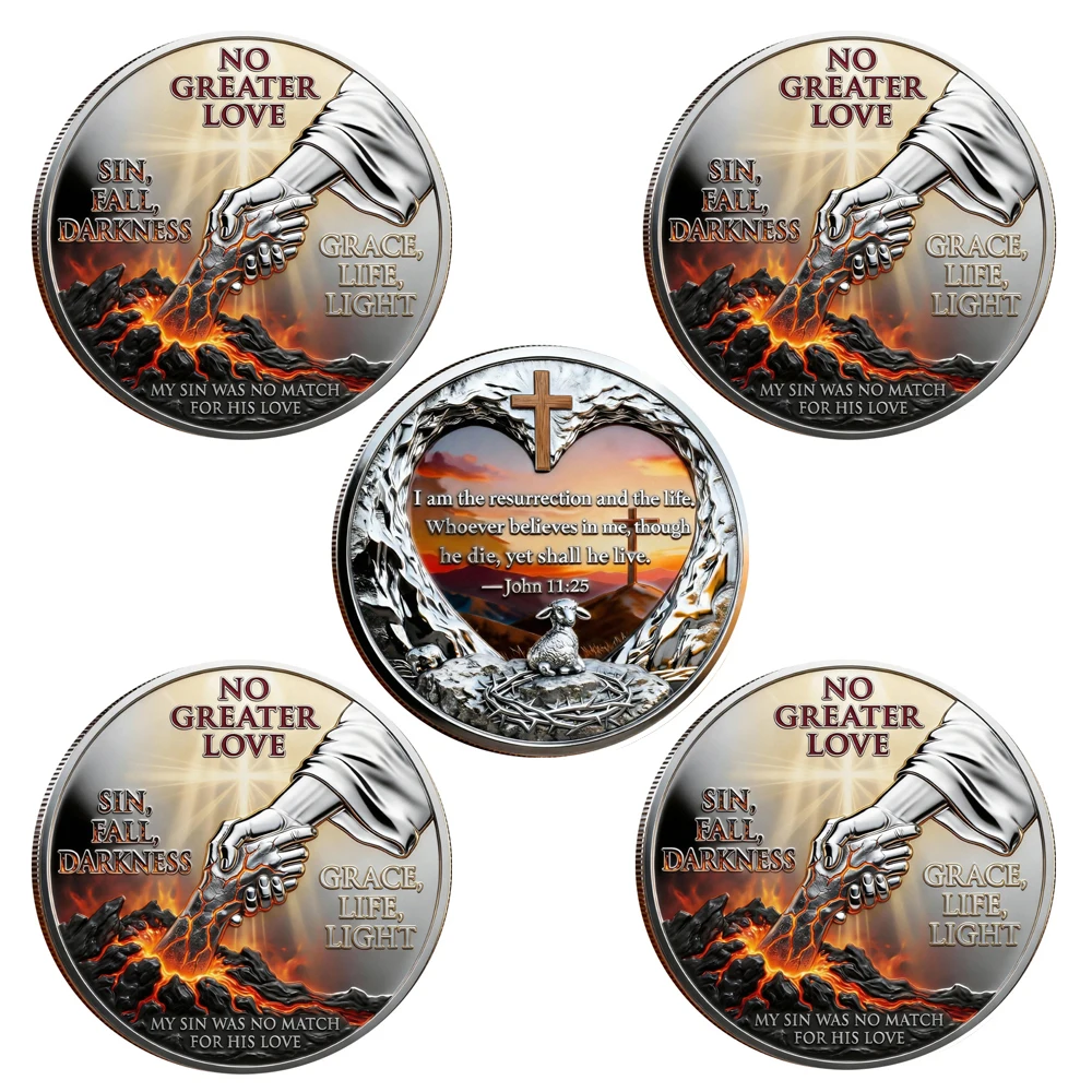 5PCS Religious Faith Coin No Greater Love Jesus Rescue Hand Lamb Cross Bible Verse Christian Challenge Coin Collectible