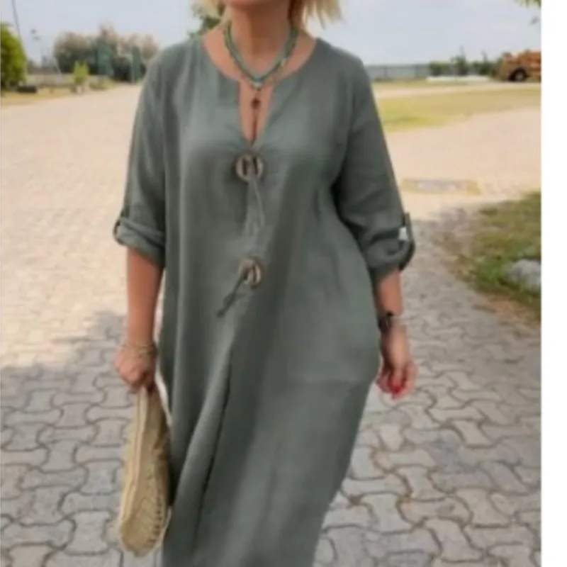 2025 Autumn Solid Maxi Dresses For Women Casual Loose Long Sleeve V Neck Button Streetwear Vacation Basic Dress Vestido Elegante