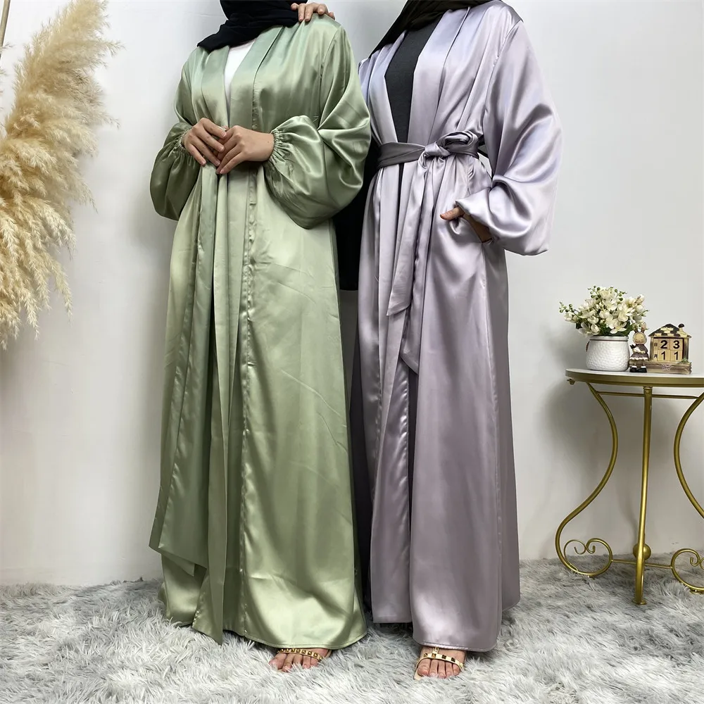 

Femme Musulman Satin Abayas Women Dubai Turkey Kaftan Kimono Jalabiya Muslim Dress Belted Robe Open Abaya Islam Clothing Kebaya