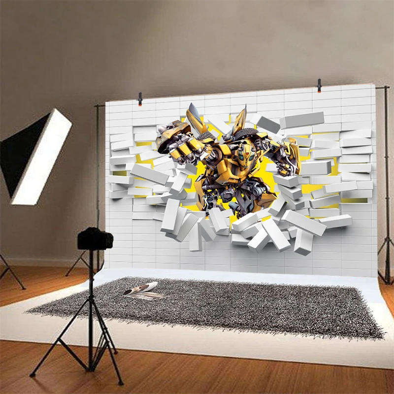 Bumblebee Transformer Backdrop Autobots Birthday Party Decorations for Boys Banner White Brick Wall Background Photography Props