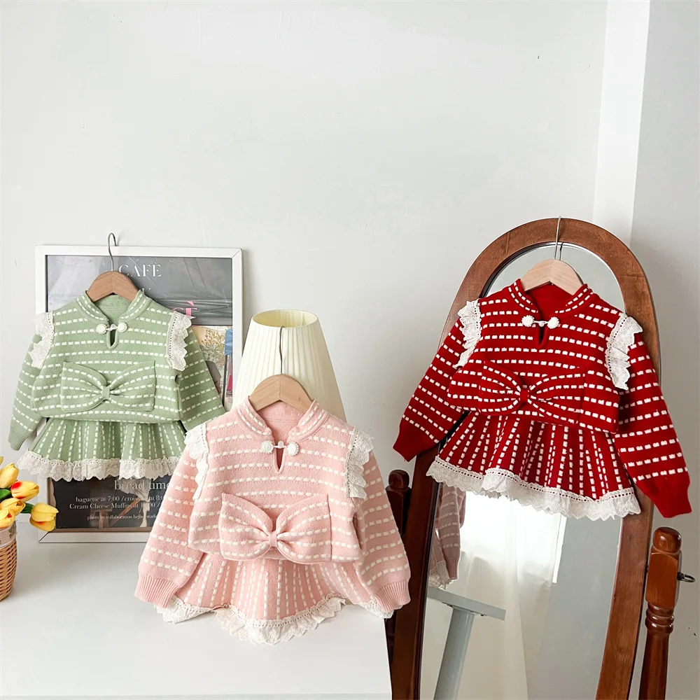 

2025 Autumn/Winter New Chinese Style Sweater Set for Girls' Big Bow and Baby Girls' Knitted Sweater+ Pleaded Skirts Kids Suits